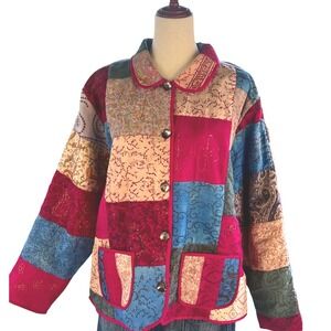 Tantrums Collection Silk Patchwork Jacket XL Multi-Color Boho Beaded Buttons
